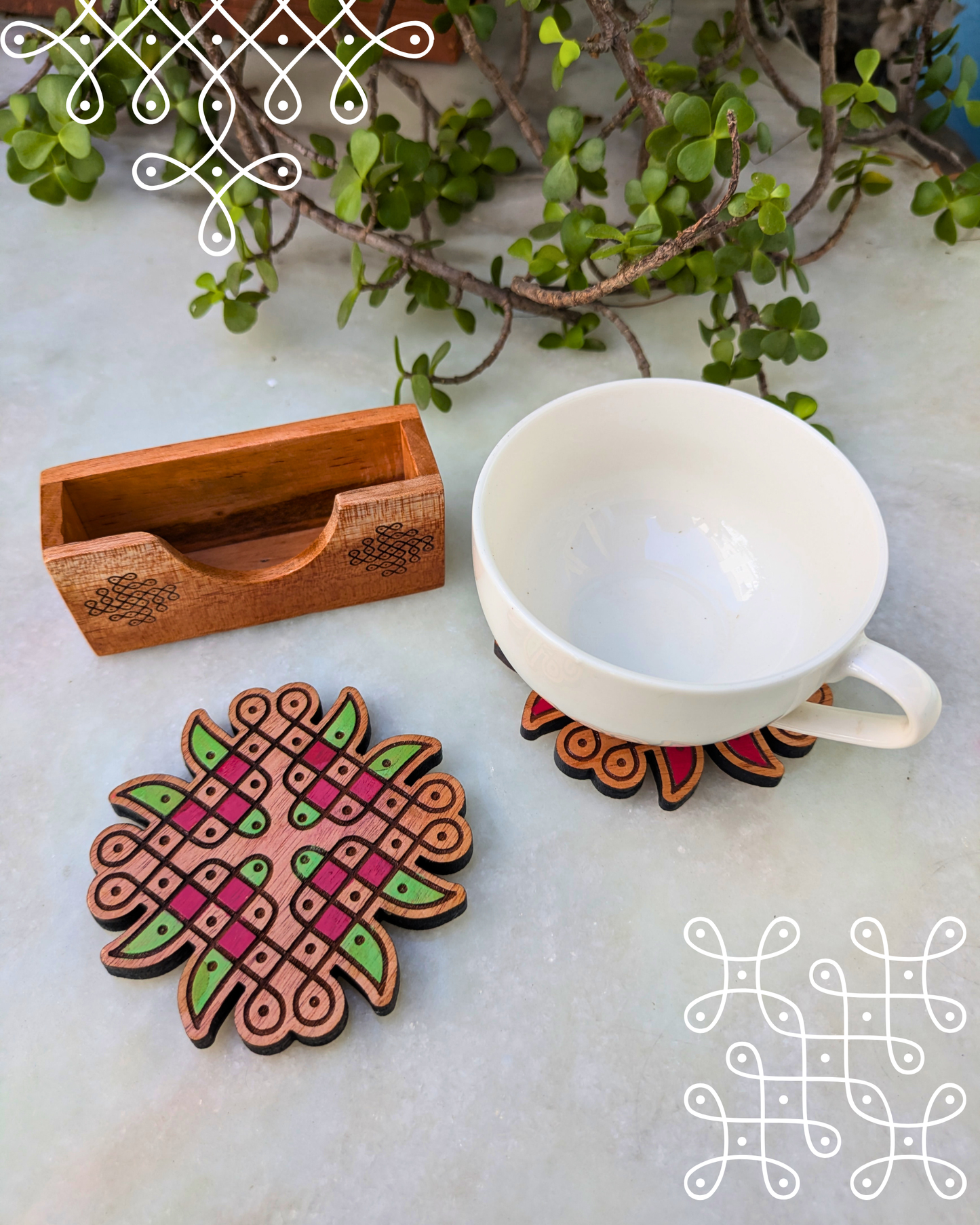Kolam Coasters Colored Set Of 2 With Holder