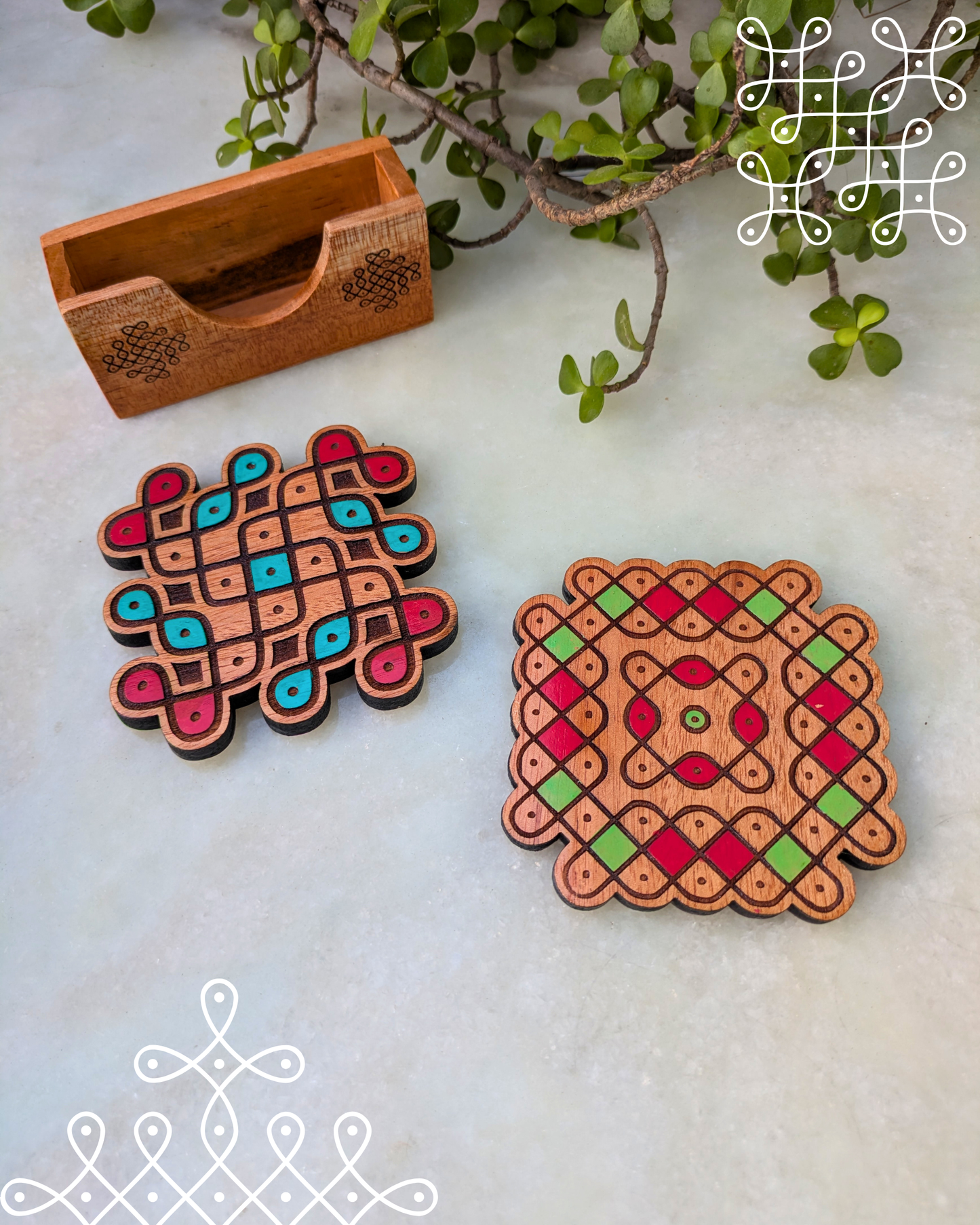 Kolam Coasters Colored Set Of 2 With Holder