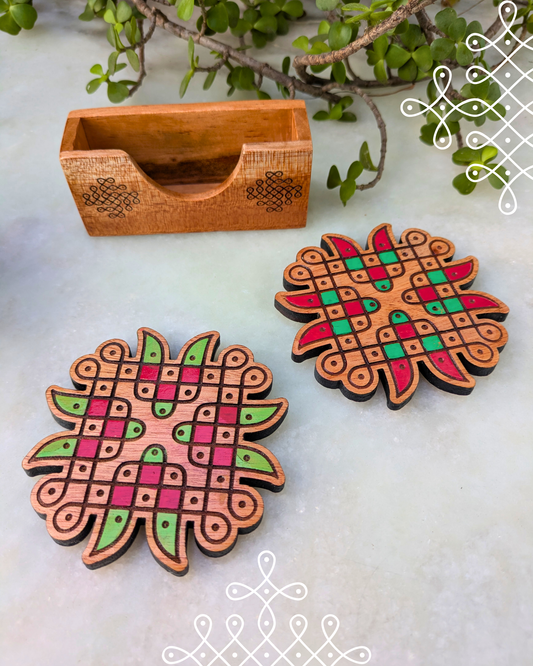 Kolam Coasters Colored Set Of 2 With Holder