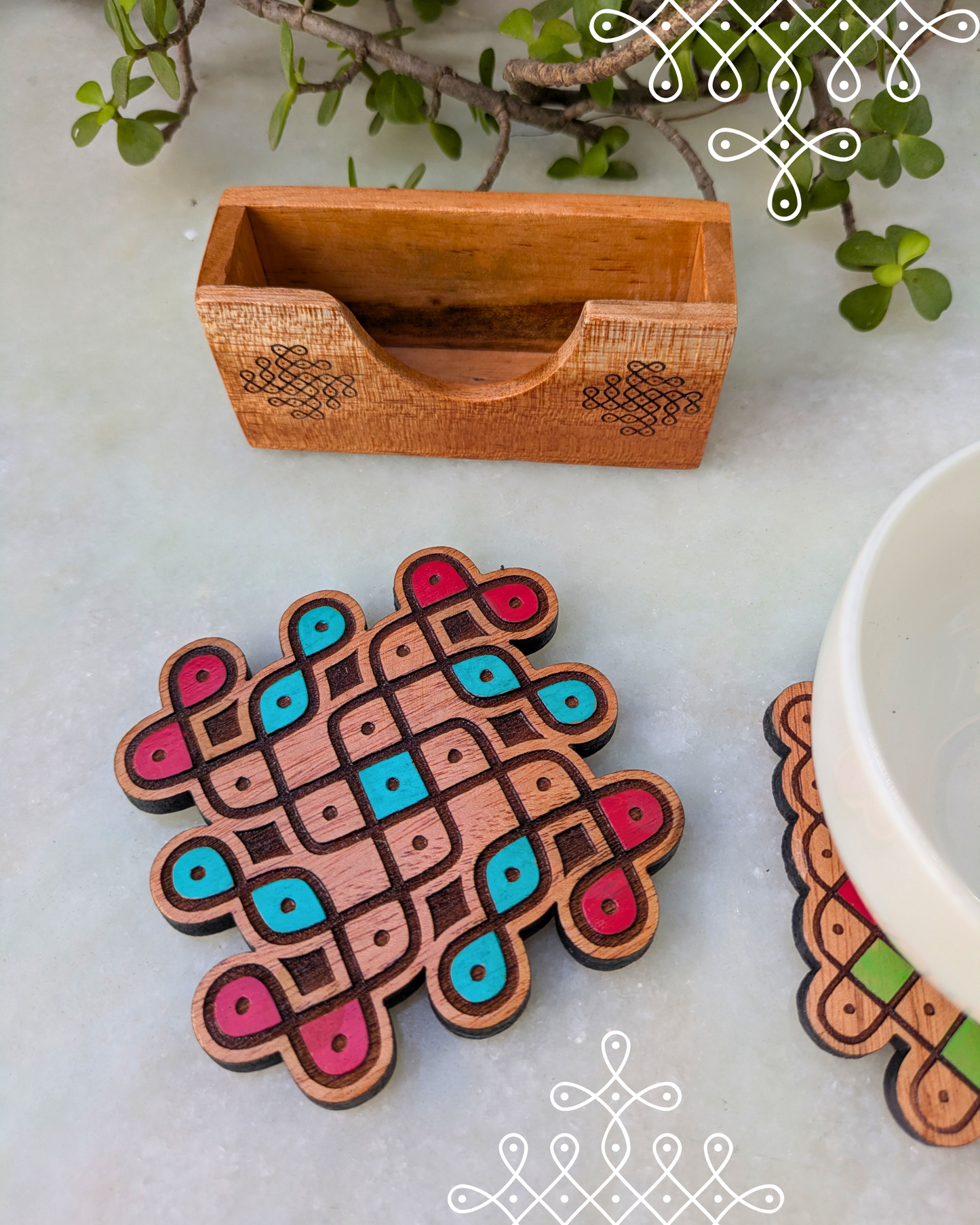 Kolam Coasters Colored Set Of 2 With Holder