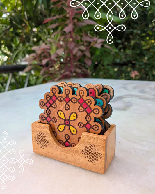 Kolam Coasters Colored Set Of 4 With Holder