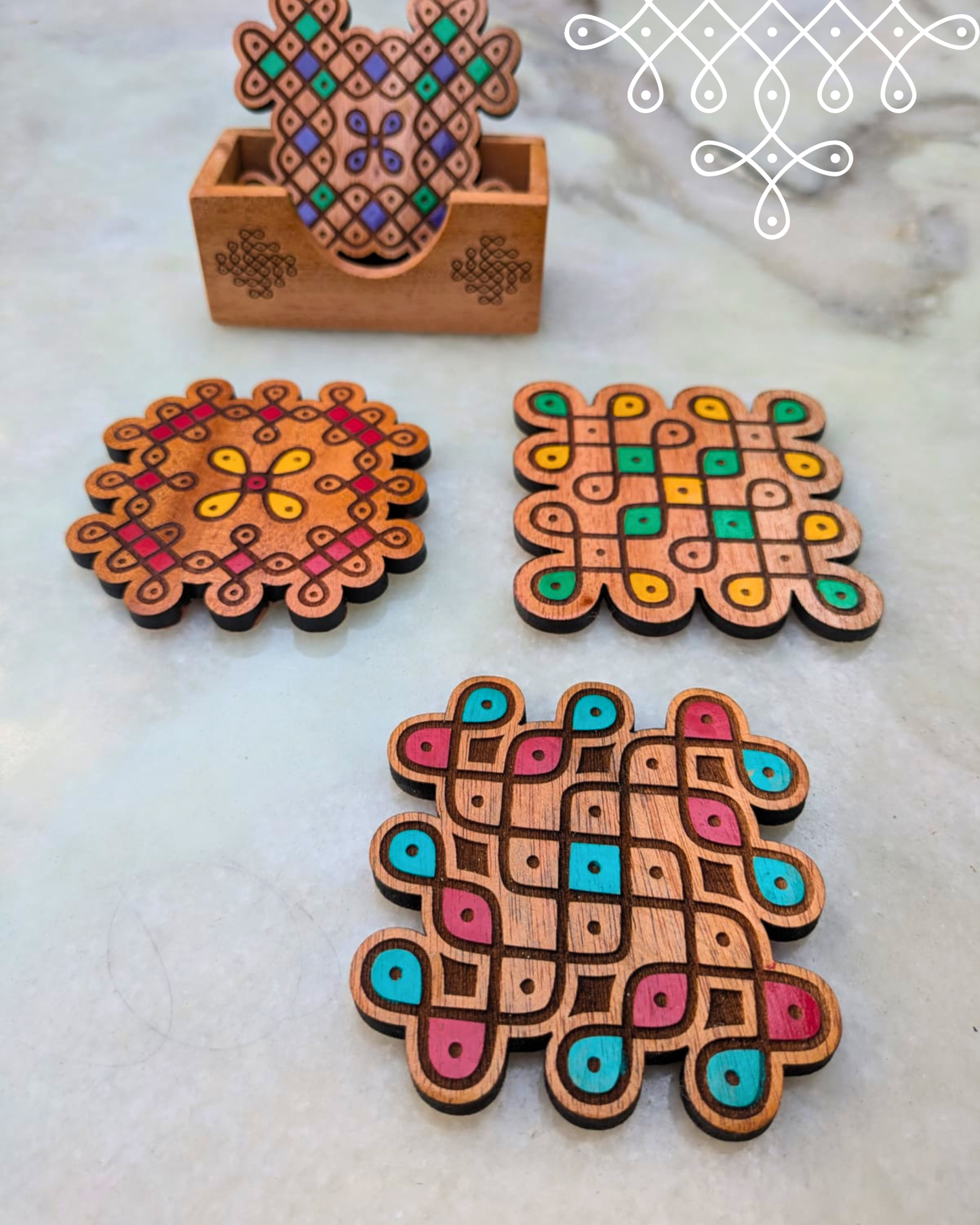 Kolam Coasters Colored Set Of 4 With Holder