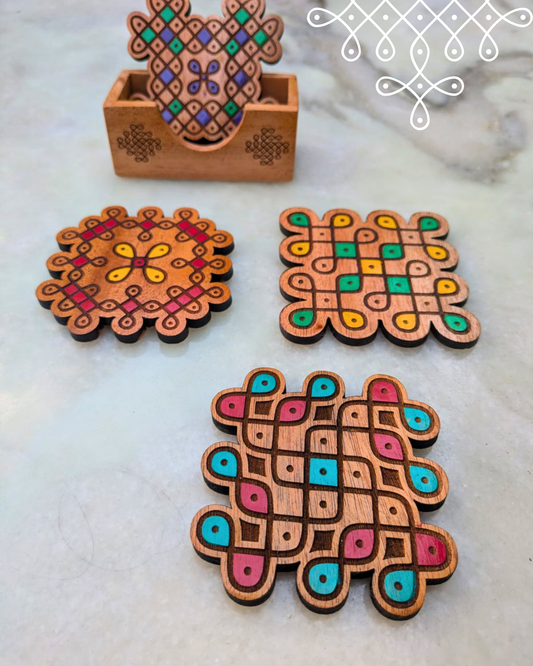 Kolam Coasters Colored Set Of 4 With Holder